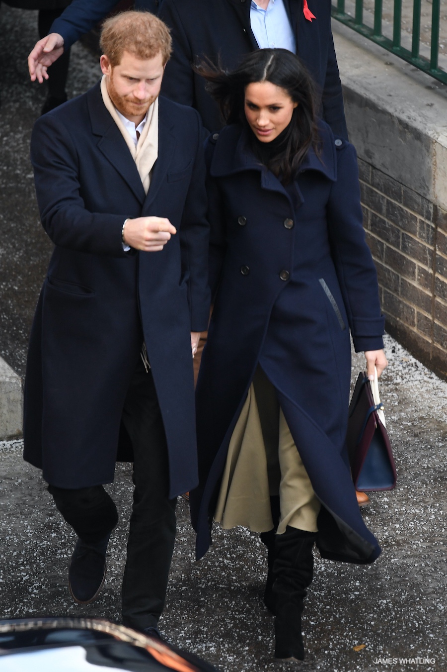 Meghan Markle in her Mackage Elodie coat in navy blue