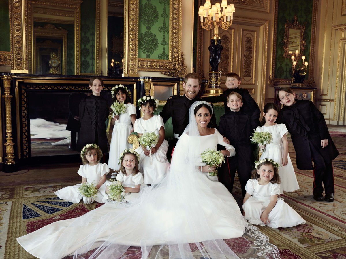 Meghan and Harry with their bridesmaids and page boys